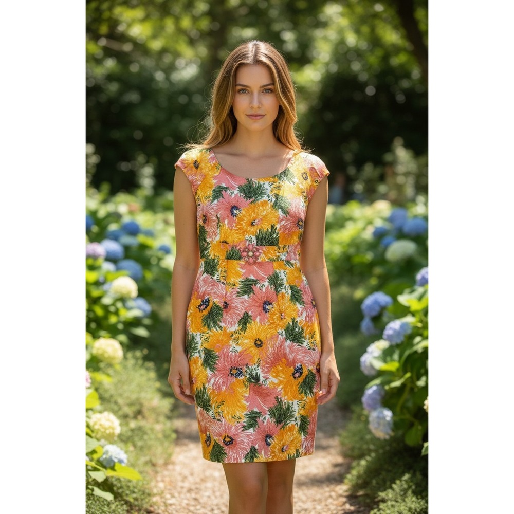 Laundry by Shelli Segal Floral Sheath Dress Orange Pink Yellow Cap Sleeve Size 2